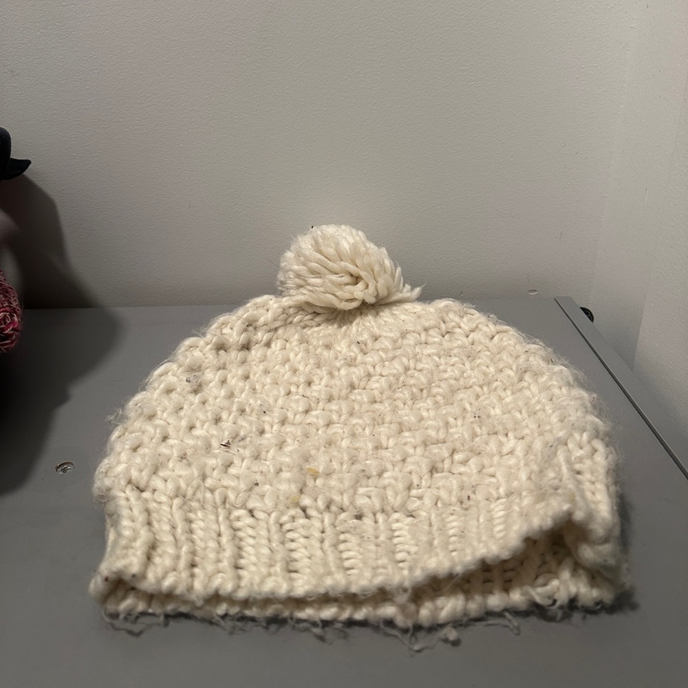 Knitted White Beanie With Pom